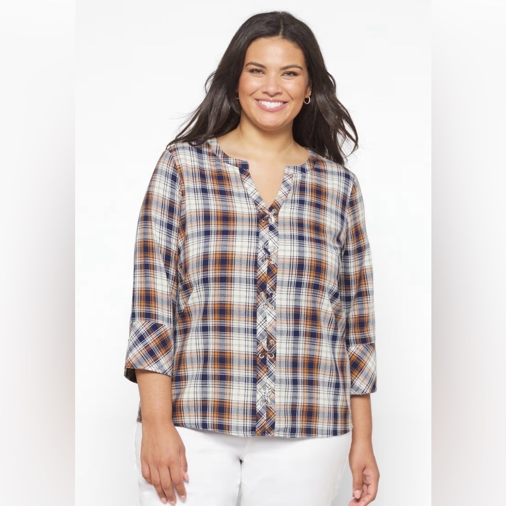 Skies Are Blue Plaid Londyn Lace Up Front Top Sz1X western cowgirl cozy Fall NWT